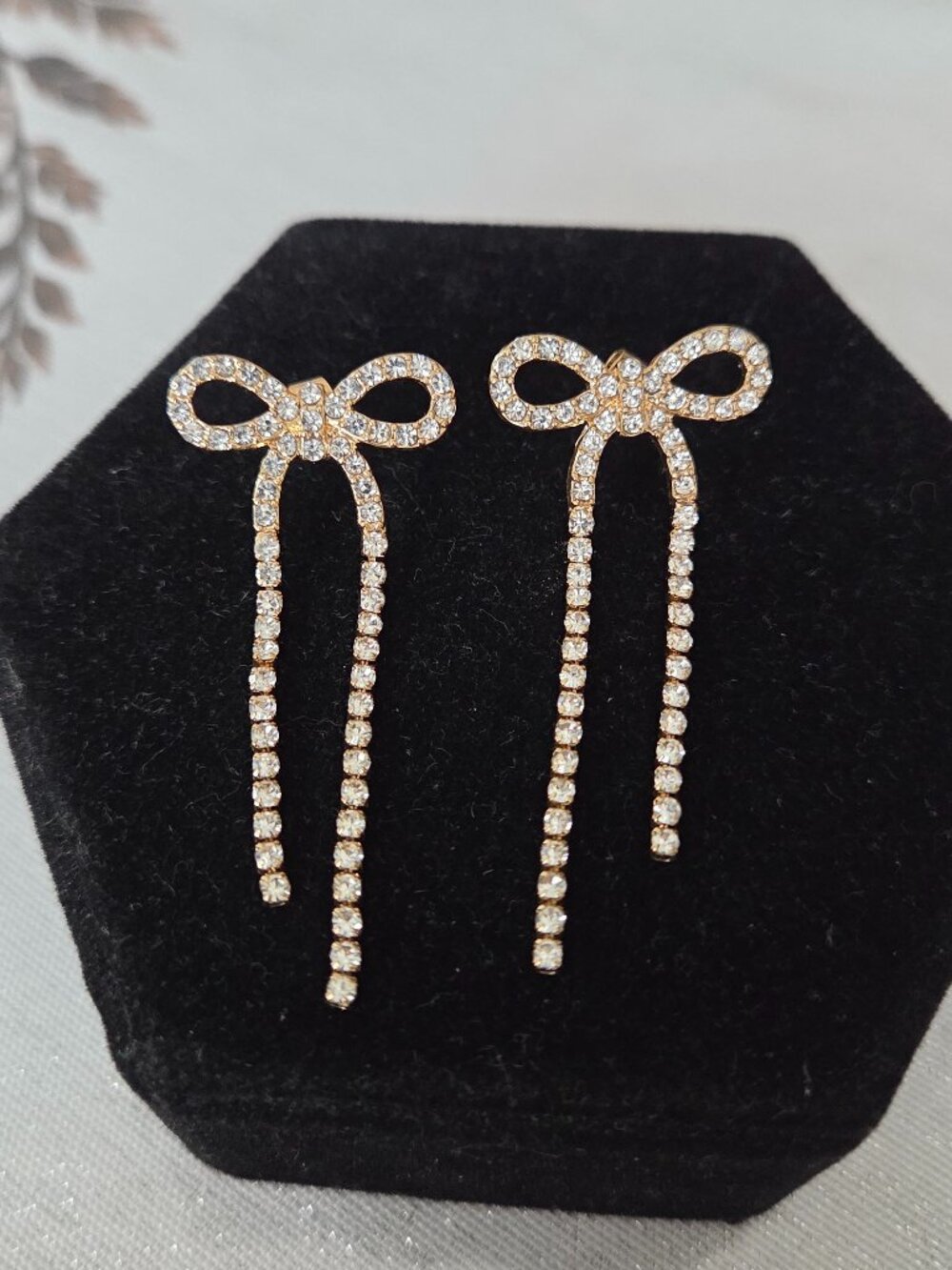 Gold Tone Rhinestone Bow Earrings